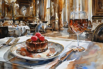 A decadent watercolor painting of a chocolate dessert in an elegant restaurant