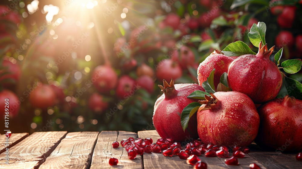 Aufkleber several ripe pomegranates are displayed on a rustic wooden table. the vibrant red color of the fruit