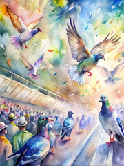 Vibrant watercolor painting capturing the intensity of a pigeon racing event, with spectators cheering on the birds as they soar towards the finish line 