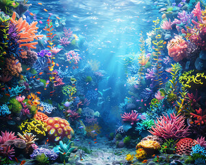 Design a whimsical underwater scene with a wide-angle perspective
