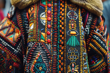 The detailed embroidery of African symbols on clothing worn during Juneteenth celebrations 