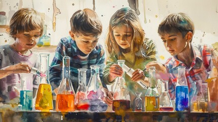 A colorful watercolor scene of children engaged in a science experiment in class
