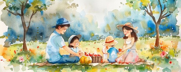 A cheerful watercolor painting of a family having a picnic in a park