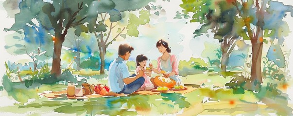 A cheerful watercolor painting of a family having a picnic in a park