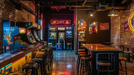 A bar setting with various arcade machines and stools for patrons to enjoy games and drinks.