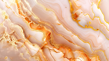 Marble background in the color of peach fuzz with golden glitter