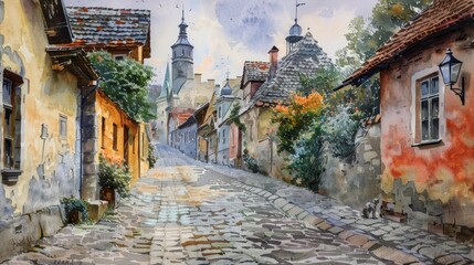 A charming watercolor painting of a cobblestone street in a historic European town