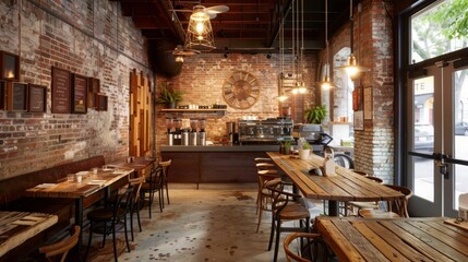 Warm and inviting cafe featuring brick walls, wooden tables and chairs, and ambient lighting. The large windows allow natural light to flood the space, creating a cozy and relaxed atmosphere.