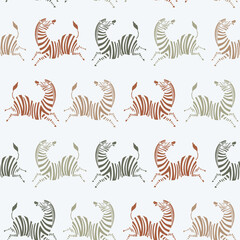 Seamless pattern with funny cartoon zebras in brown colors. Safari animals. Exotic jungle background. For textiles, wrapping paper, gift paper, fabric.