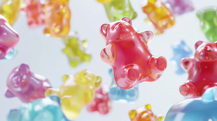 Fototapeta premium Floating Gummy Bears in a Whimsical Candy Dream, An array of translucent gummy bears floats ethereally, creating a playful and whimsical confectionery dreamscape.
