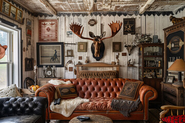 Retro western living room decorated with moose head