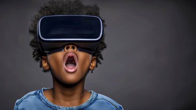 Amazed african american boy experiencing virtual reality. Banner with copy space