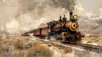 Naklejka premium Historical recreation of the first transcontinental railroad with steam trains