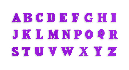wooden letters of the English alphabet in violet, purple color on a isolated background close-up