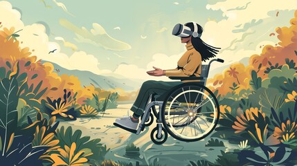 Woman in wheelchair wearing VR walking in field full of flowers