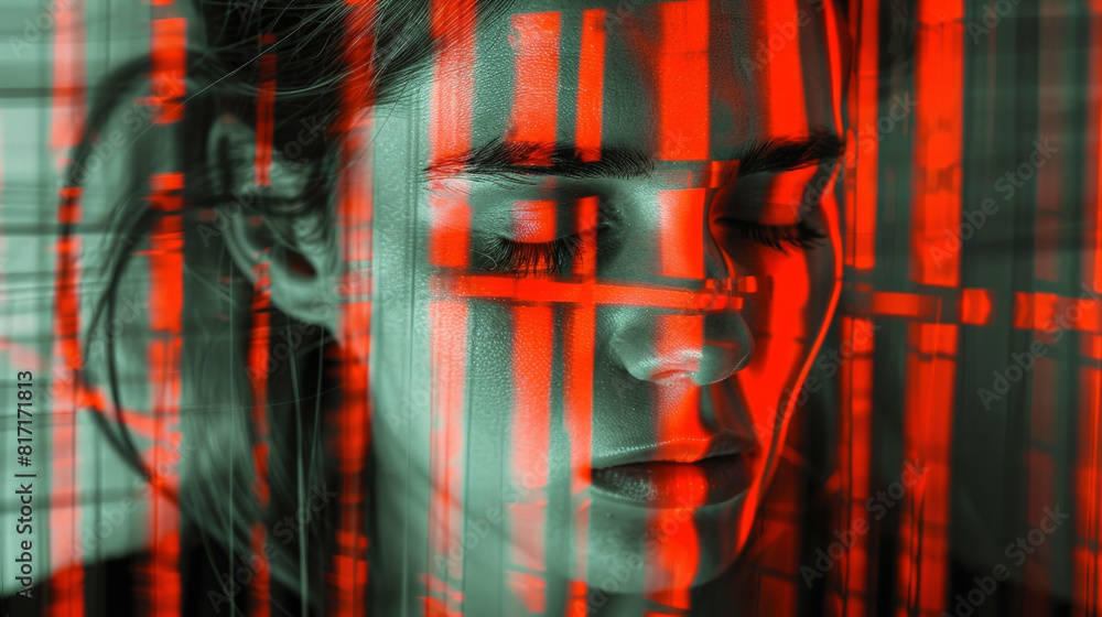 Poster A womans face in focus with red bars in the background creating a striking visual contrast