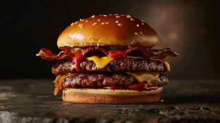 hamburger with double beef with realistic scenery and vivid colors on a dark background