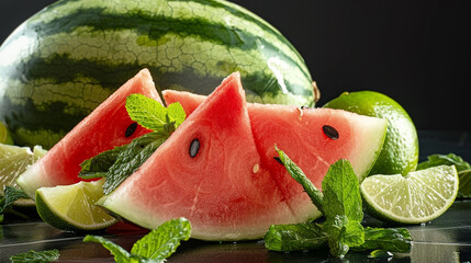 A slice of watermelon with a triangular wedge cut out, filled with fresh mint and lime wedges.