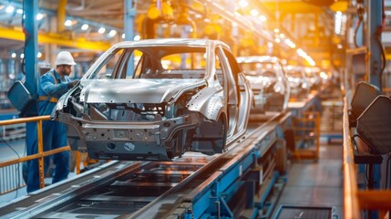 Fototapeta premium car factory conveyor workers assembling cars