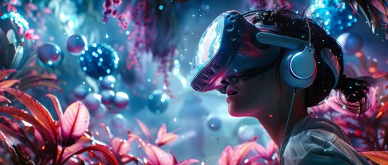 Girl wearing VR headset exploring futuristic flowers garden. Banner with copy space