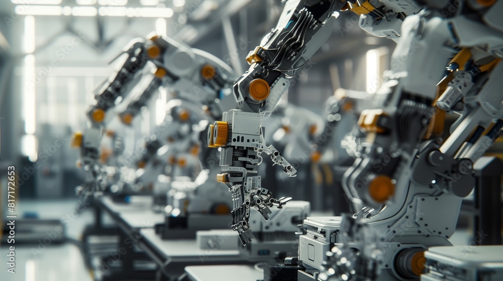 Poster robotics lab: robotic arms assemble components, showcasing automation breakthroughs.