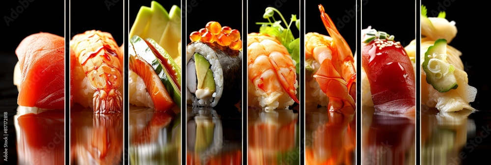 Poster A row of assorted sushi neatly laid out on a black background, showcasing different types of sushi rolls and sashimi pieces