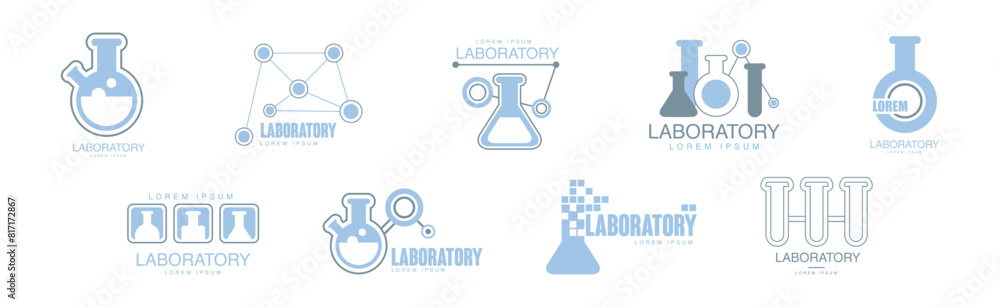 Poster laboratory logo with chemical in flask and bottle vector set
