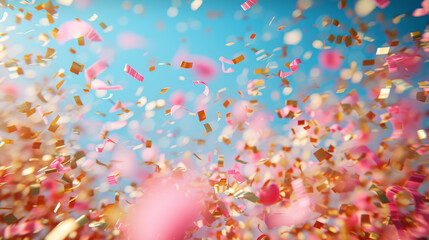 Pink and gold confetti pieces are soaring through the air in a celebratory manner