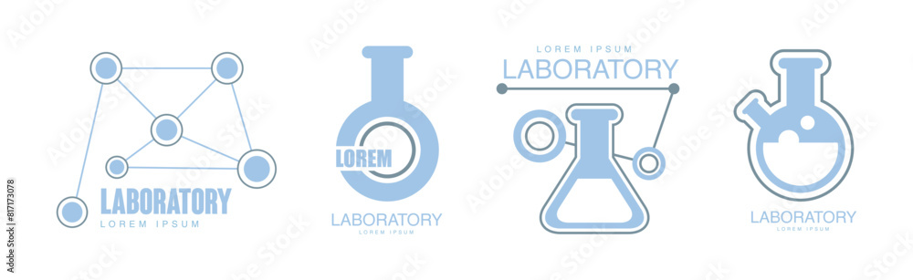 Poster laboratory logo with chemical in flask and bottle vector set