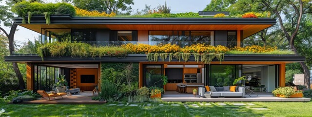 Obraz premium Carbon Neutral Home: A home powered by renewable energy with a garden on the roof.