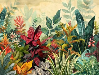 A lush tropical jungle scene with vibrant green, red, and yellow foliage. The plants are all different shapes and sizes, and they create a dense, textured wall of greenery.