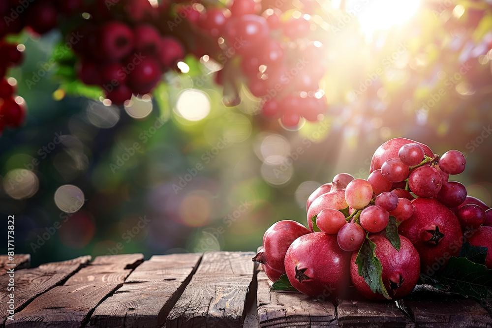 Wall mural A bright red pomegranate fruit sits on a wooden table, showcasing its vibrant color and texture, copy space