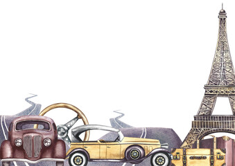 A banner with retro cars. Vintage steering wheel, paved roads, Eiffel Tower, suitcases. A...