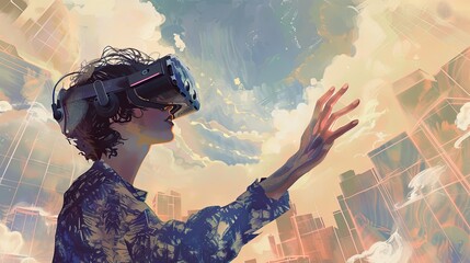 A girl immersed in virtual reality with a headset on, standing in front of a city skyline.
