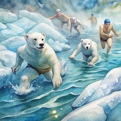 Participants braving the icy waters in the polar bear swimming race, showcasing their courage 