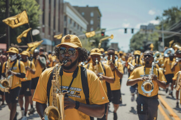 The proud procession of HBCU marching bands during a Juneteenth celebration parade 