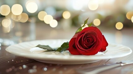 A red rose sits delicately on a pristine white plate the perfect touch for a romantic Valentine s Day dinner - Powered by Adobe