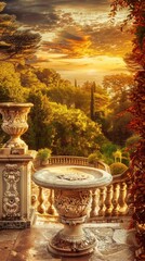 Naklejka premium a terrace in the South of France bathed in the warm glow of the golden hour, with the sun setting and colored lights adding a magical touch to the scene.