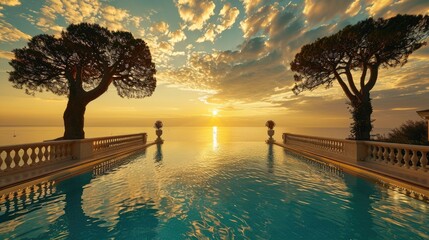 a terrace in the South of France bathed in the warm glow of the golden hour, with the sun setting and colored lights adding a magical touch to the scene.