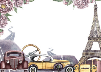 A frame with retro cars, Eiffel Tower, suitcases and roads. Decorated with vintage flowers and peonies. A retro-style journey. A watercolor illustration made by hand. For postcard, banner and poster.