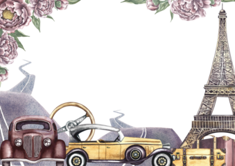 A frame with retro cars, Eiffel Tower, suitcases and roads. Decorated with vintage flowers and peonies. A retro-style journey. A watercolor illustration made by hand. For postcard, banner and poster.