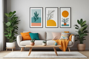 Modern and colorful interior of living room with design boucle sofa, mock-up poster, shelf, plants, decorations, and personal stuff. Home decor design.