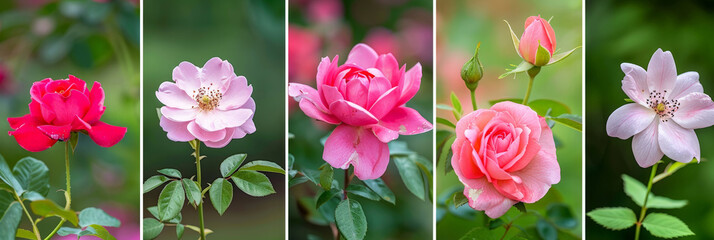 Various roses in different hues are displayed in a colorful collage