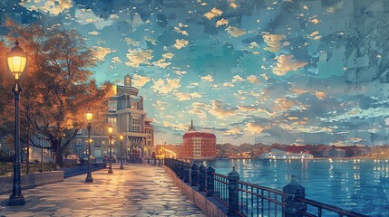 Fototapeta premium A picturesque cityscape with vintage charm, under the glow of old streetlights by the waterfront Vintage, digital painting, soft tones