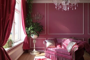 Elegant Pink Living Room Interior with Luxurious Velvet Sofa and Chandelier
