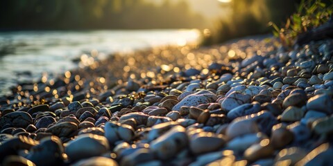 Obraz premium Tranquil Riverbank Stone Landscape at Sunset