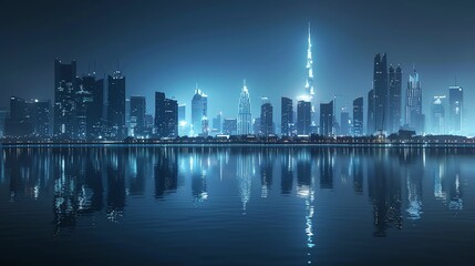 Obraz premium City skyline at night with a prominent landmark building, reflections on water, soft lighting, vintage style, high detail, calm and serene