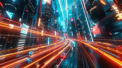 Futuristic city with light trails from flying cars and holographic billboards, Scifi, Neon, Illustration, Detailed