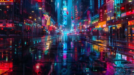 Naklejka premium Glowing cityscape in the rain, reflections on wet streets, neon noir, dark and vibrant, digital art