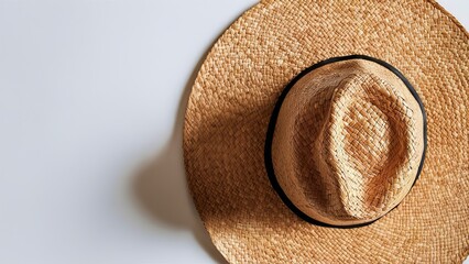 straw hat isolated on ,white background, summer accessories, top view , copy space